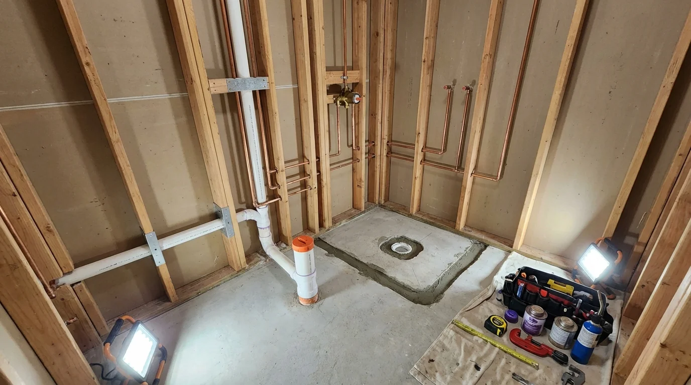 Bathroom rough-in plumbing during remodel by Johns Plumbing LLC in Southampton