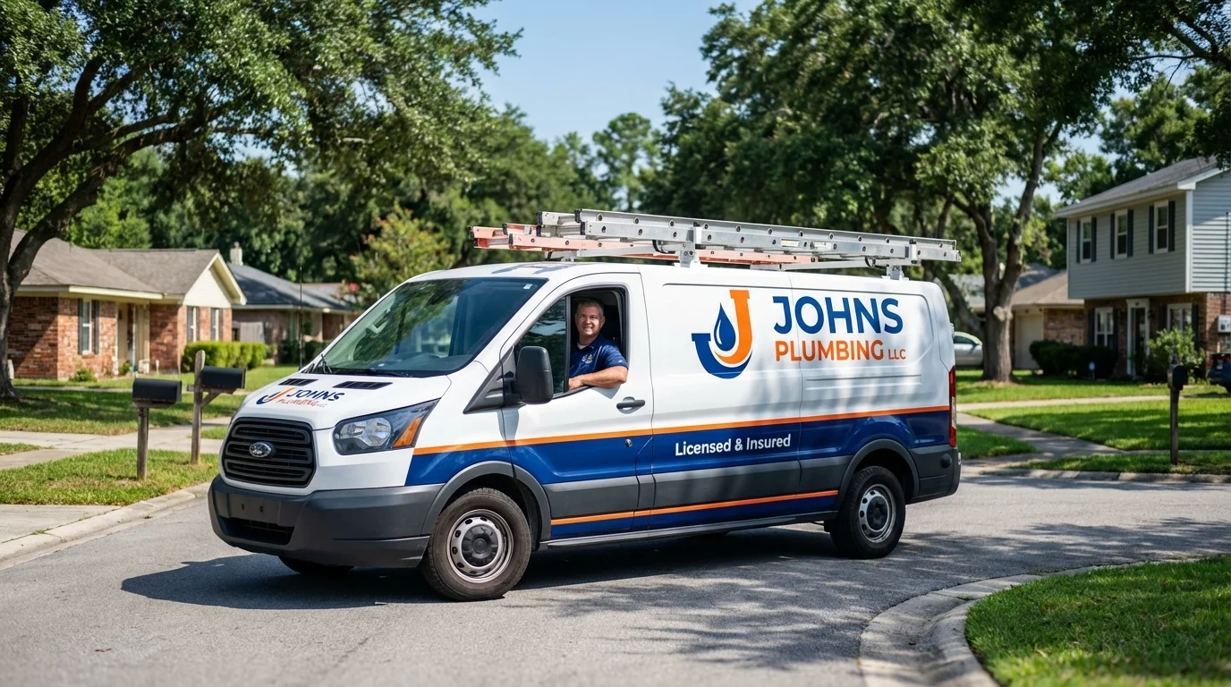Johns Plumbing LLC service van in Southampton, NY