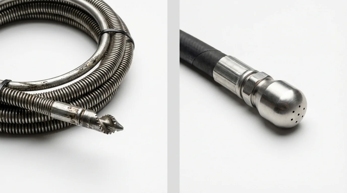 Drain snake cable and hydro jetting nozzle used for drain cleaning in Southampton, NY