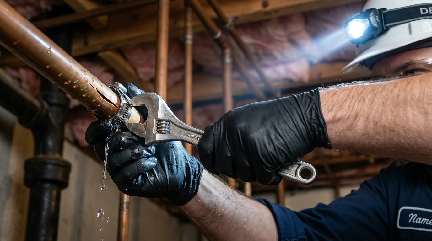 Emergency pipe clamp repair being performed by a Johns Plumbing LLC plumber in Southampton