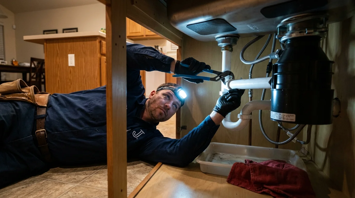 P-trap and supply line connections under a kitchen sink showing a common leak point in Southampton, NY